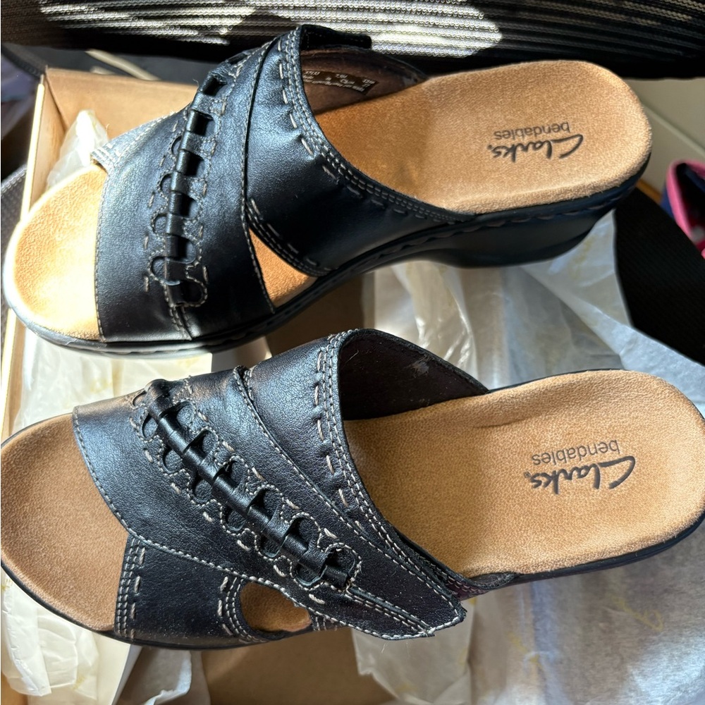 Clarks Black Leather Slip-On Mules with Woven Strap Detail Lexi daisy